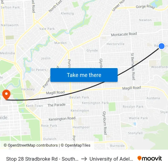 Stop 28 Stradbroke Rd - South side to University of Adelaide map