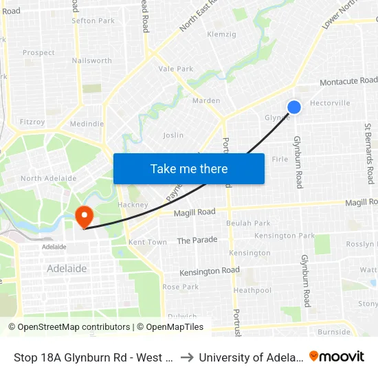 Stop 18A Glynburn Rd - West side to University of Adelaide map