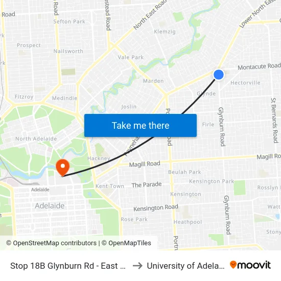 Stop 18B Glynburn Rd - East side to University of Adelaide map