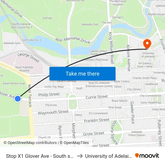 Stop X1 Glover Ave - South side to University of Adelaide map