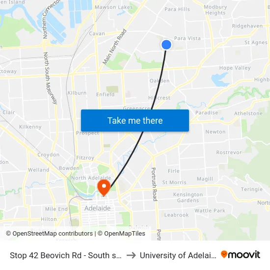 Stop 42 Beovich Rd - South side to University of Adelaide map