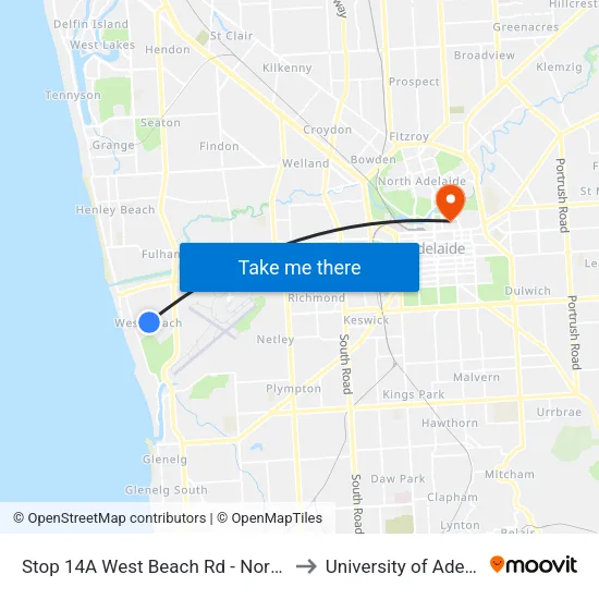 Stop 14A West Beach Rd - North side to University of Adelaide map