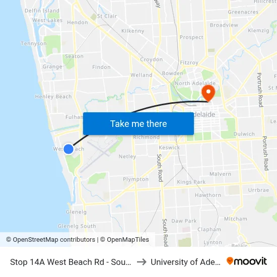 Stop 14A West Beach Rd - South side to University of Adelaide map