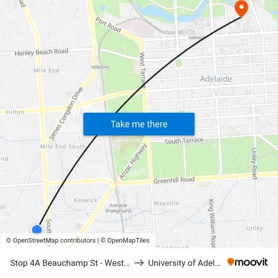 Stop 4A Beauchamp St - West Side to University of Adelaide map