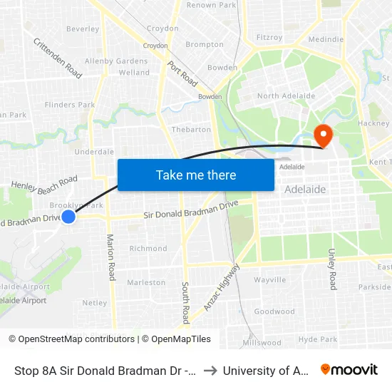 Stop 8A Sir Donald Bradman Dr - North side to University of Adelaide map