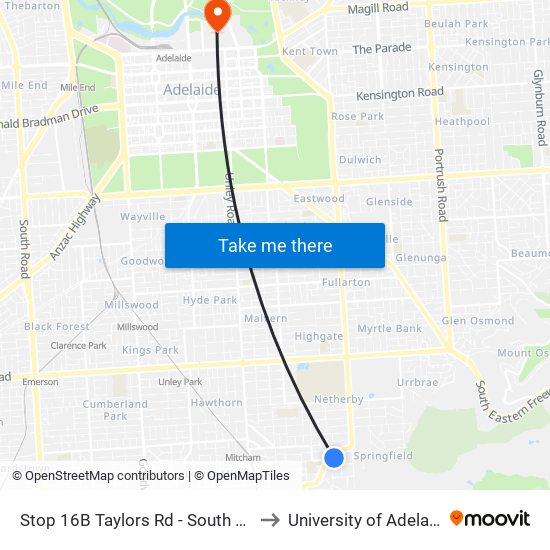 Stop 16B Taylors Rd - South side to University of Adelaide map