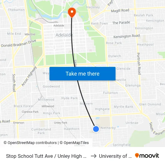 Stop School Tutt Ave / Unley High School - South side to University of Adelaide map