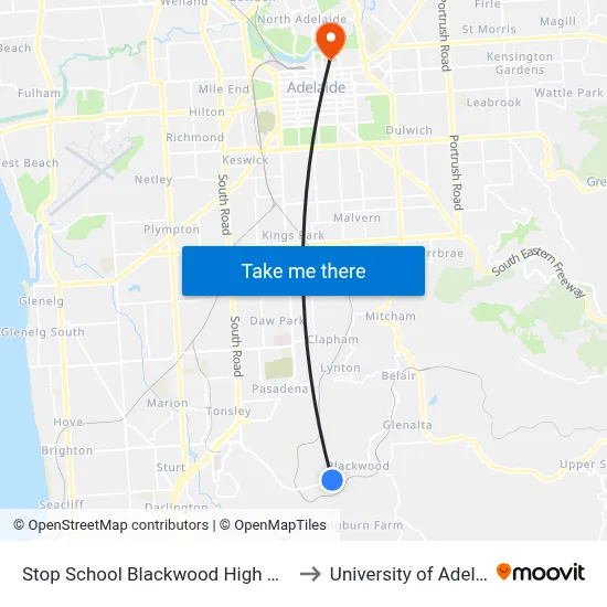 Stop School Blackwood High Pick Up to University of Adelaide map