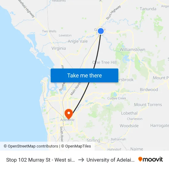 Stop 102 Murray St - West side to University of Adelaide map
