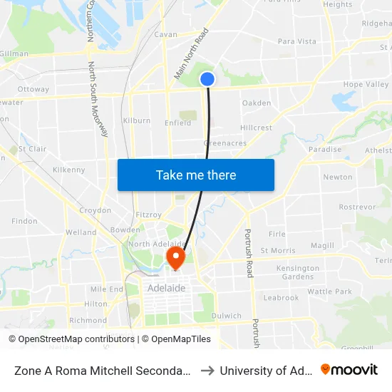 Zone A Roma Mitchell Secondary College to University of Adelaide map
