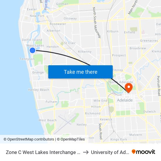 Zone C West Lakes Interchange - East side to University of Adelaide map