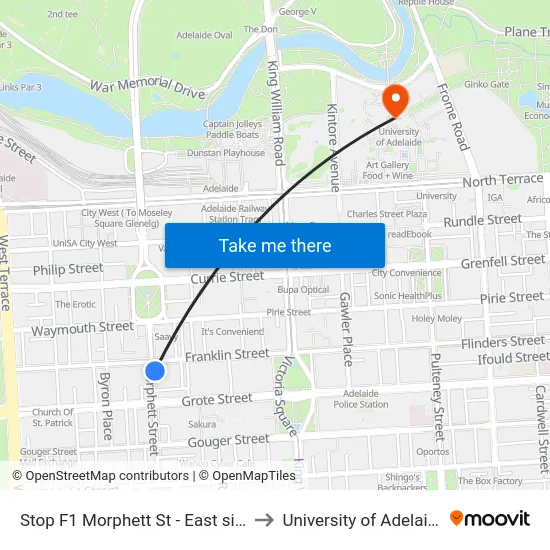 Stop F1 Morphett St - East side to University of Adelaide map