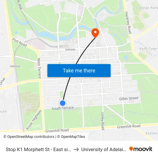 Stop K1 Morphett St - East side to University of Adelaide map