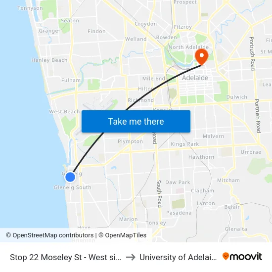 Stop 22 Moseley St - West side to University of Adelaide map
