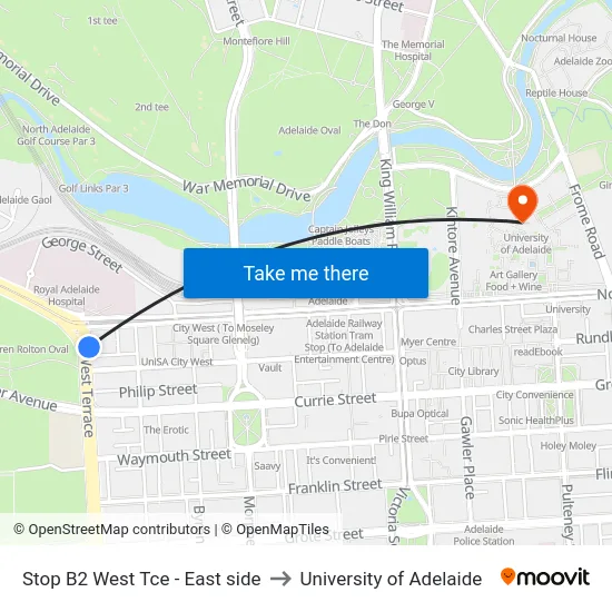 Stop B2 West Tce - East side to University of Adelaide map