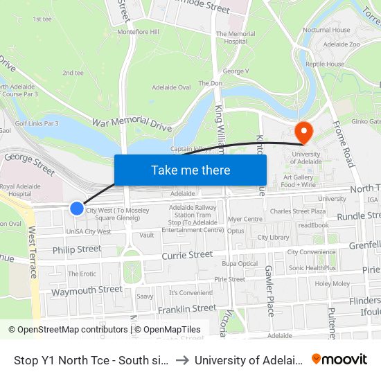 Stop Y1 North Tce - South side to University of Adelaide map