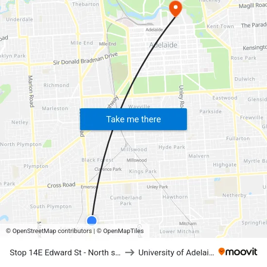 Stop 14E Edward St - North side to University of Adelaide map