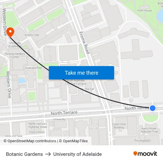 Botanic Gardens to University of Adelaide map