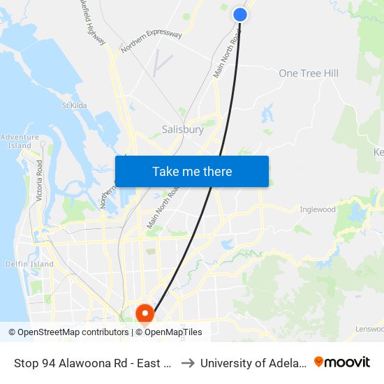 Stop 94 Alawoona Rd - East side to University of Adelaide map