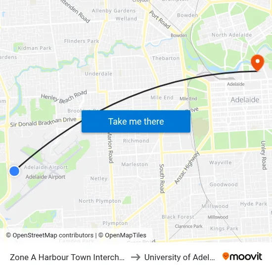 Zone A Harbour Town Interchange to University of Adelaide map