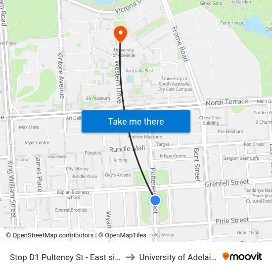 Stop D1 Pulteney St - East side to University of Adelaide map
