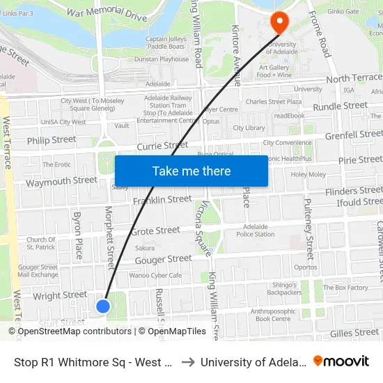 Stop R1 Whitmore Sq - West side to University of Adelaide map