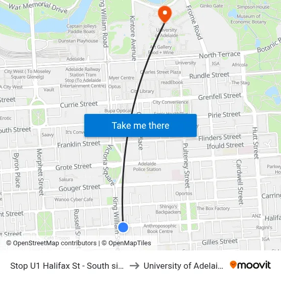 Stop U1 Halifax St - South side to University of Adelaide map