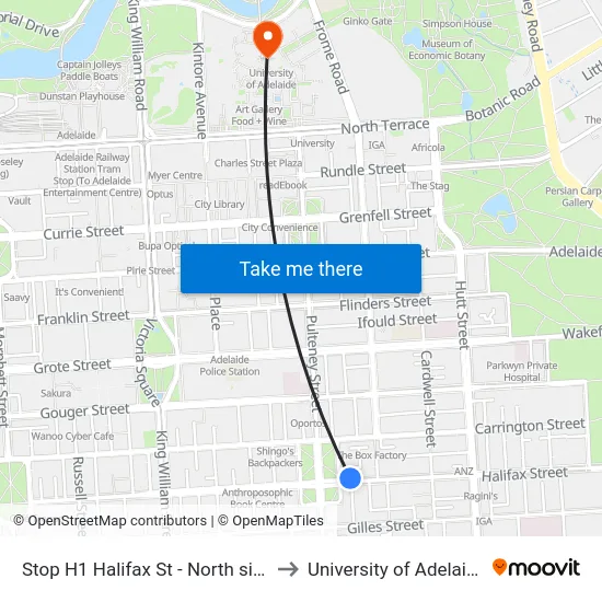 Stop H1 Halifax St - North side to University of Adelaide map