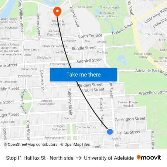 Stop I1 Halifax St - North side to University of Adelaide map