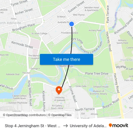 Stop 4 Jerningham St - West side to University of Adelaide map