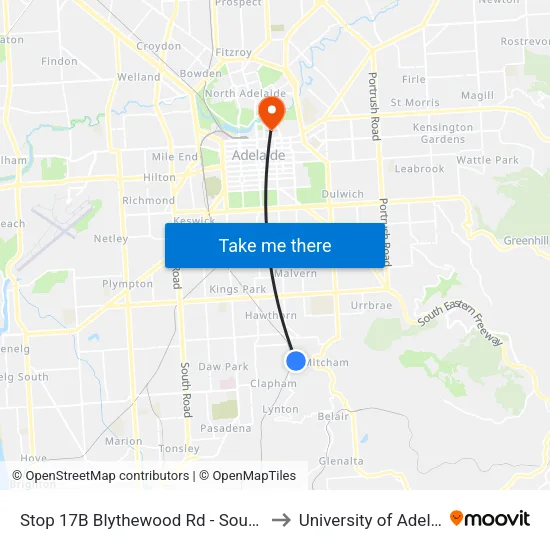 Stop 17B Blythewood Rd - South side to University of Adelaide map