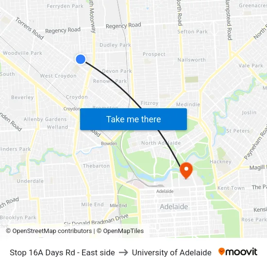 Stop 16A Days Rd - East side to University of Adelaide map