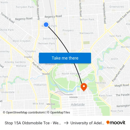 Stop 15A Oldsmobile Tce - West side to University of Adelaide map