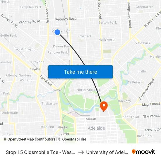 Stop 15 Oldsmobile Tce - West side to University of Adelaide map