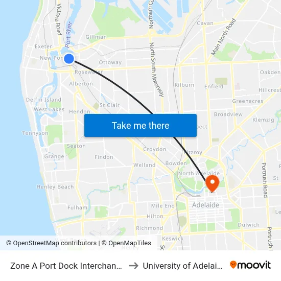 Zone A Port Dock Interchange to University of Adelaide map