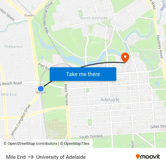 Mile End to University of Adelaide map