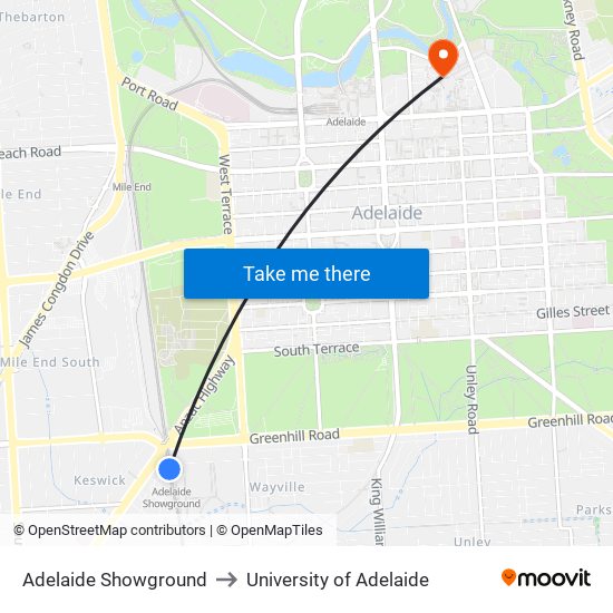 Adelaide Showground to University of Adelaide map