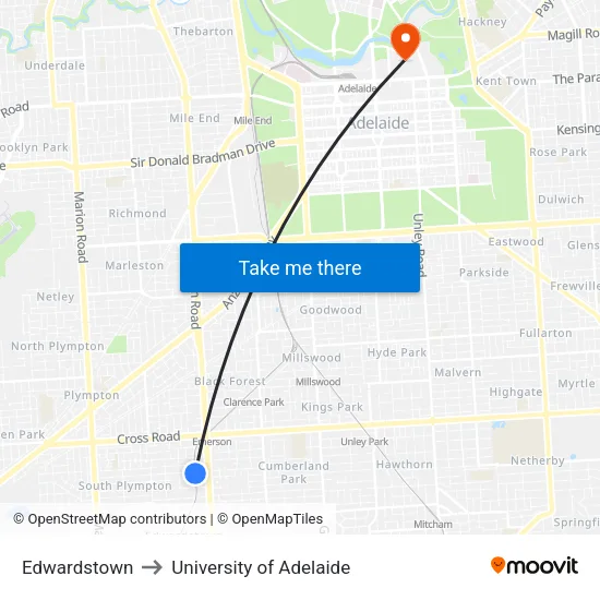 Edwardstown to University of Adelaide map