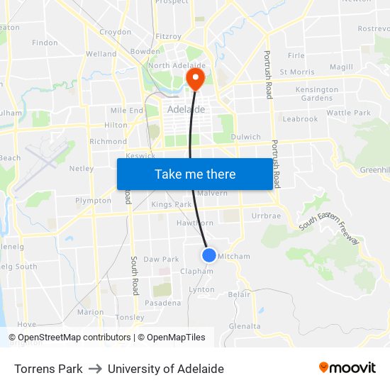 Torrens Park to University of Adelaide map