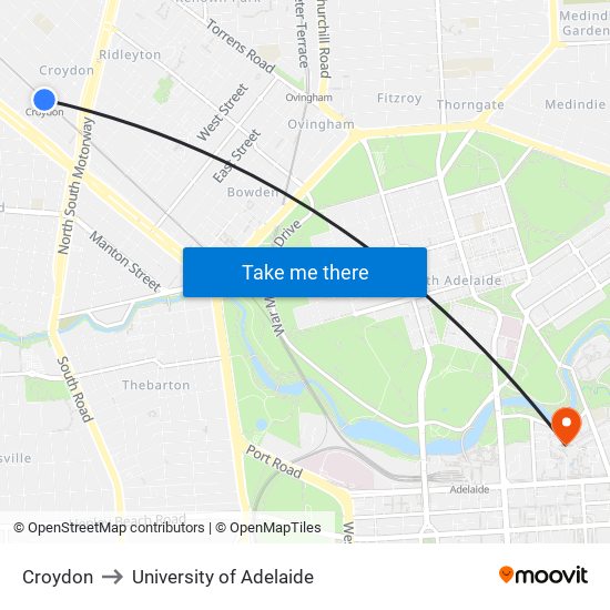 Croydon to University of Adelaide map