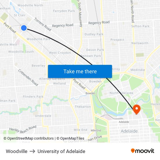 Woodville to University of Adelaide map