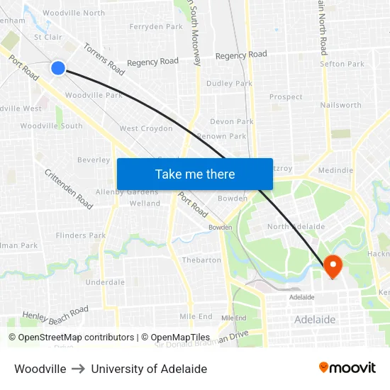Woodville to University of Adelaide map