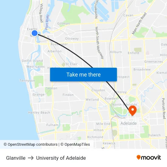 Glanville to University of Adelaide map
