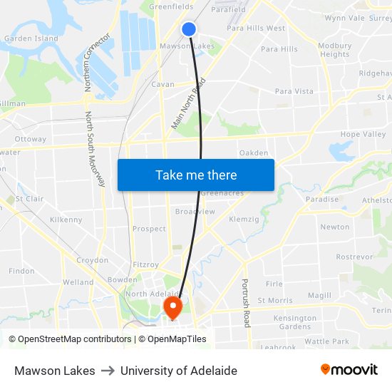 Mawson Lakes to University of Adelaide map