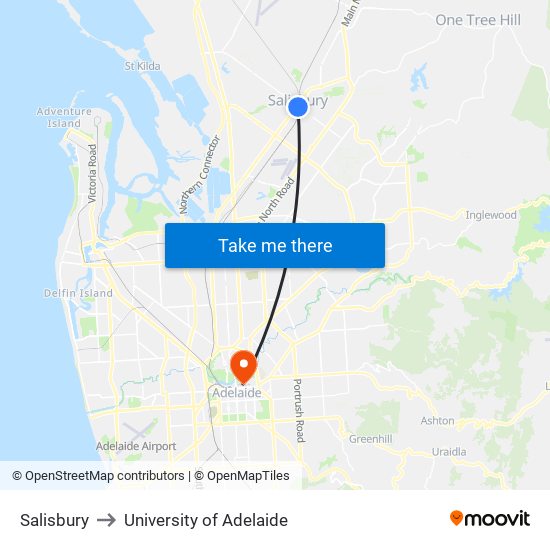 Salisbury to University of Adelaide map