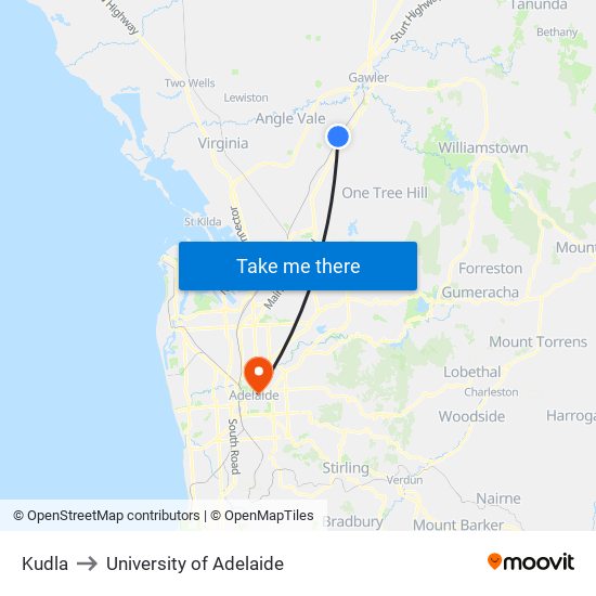 Kudla to University of Adelaide map