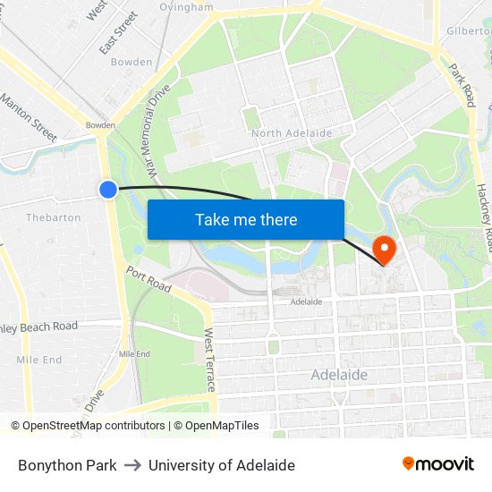 Bonython Park to University of Adelaide map