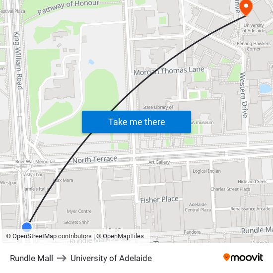 Rundle Mall to University of Adelaide map