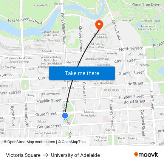 Victoria Square to University of Adelaide map