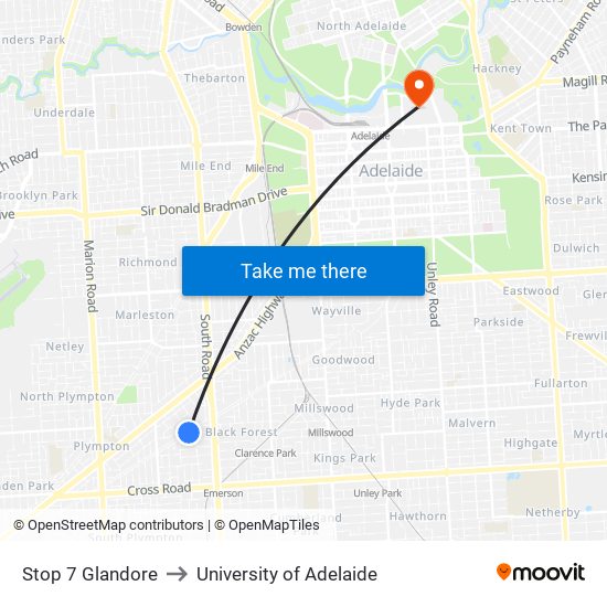 Stop 7 Glandore to University of Adelaide map